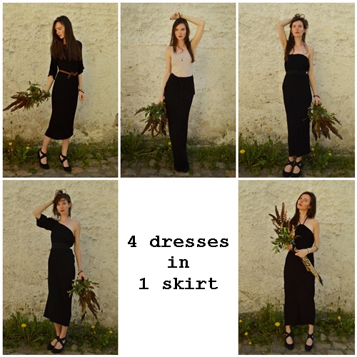 Model is wearing one piece of clothing in 5 various ways: as a long skirt, semi lenght dress with sleeves, dress with one sleeve, strapless dress and dress tied behind neck