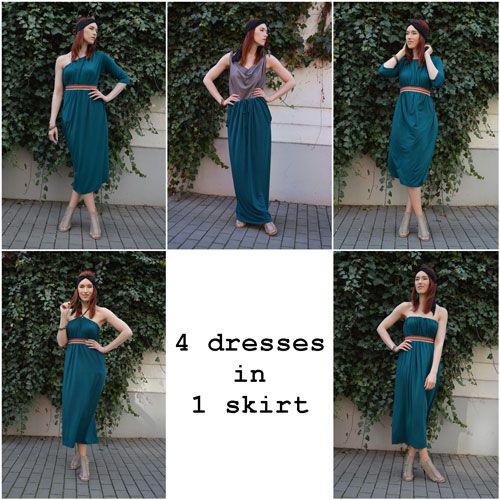 Model is wearing one piece of clothing in 5 various ways: as a long skirt, semi lenght dress with sleeves, dress with one sleeve, strapless dress and dress tied behind neck