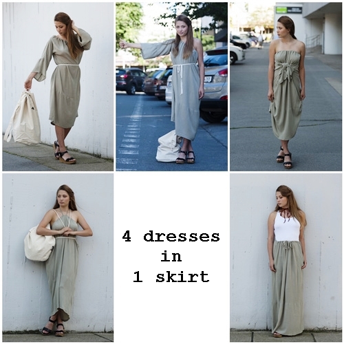 Model is wearing one piece of clothing in 5 various ways: as a long skirt, semi long dress with sleeves, dress with one sleeve, strapless dress and dress tied behind neck