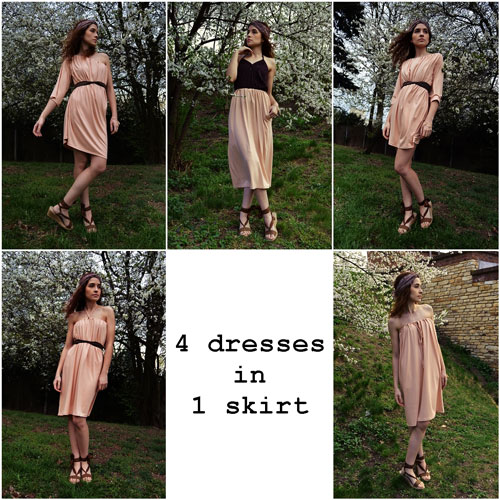 Model is wearing one pink piece of clothing in 5 various ways: as a long skirt, semi lenght dress with sleeves, dress with one sleeve, strapless dress and dress tied behind neck