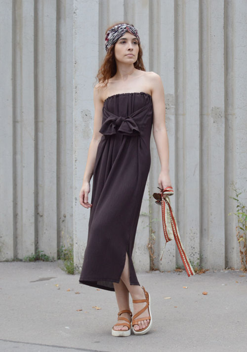 Brown strapless multifunctional dress with a tied bow in front.