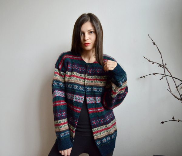 Barevný vlněný vintage svetr s norským vzorem